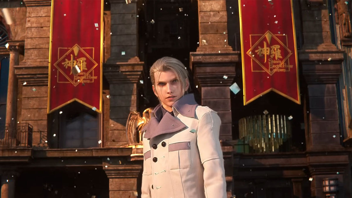 A character in a white suit stands tall as golden streamers fall outside a palace with red and gold banners in Final Fantasy 7 Rebirth.