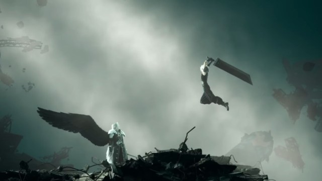 Cloud, from Final Fantasy, leaps with his sword and prepares to attack a winged cloaked character.
