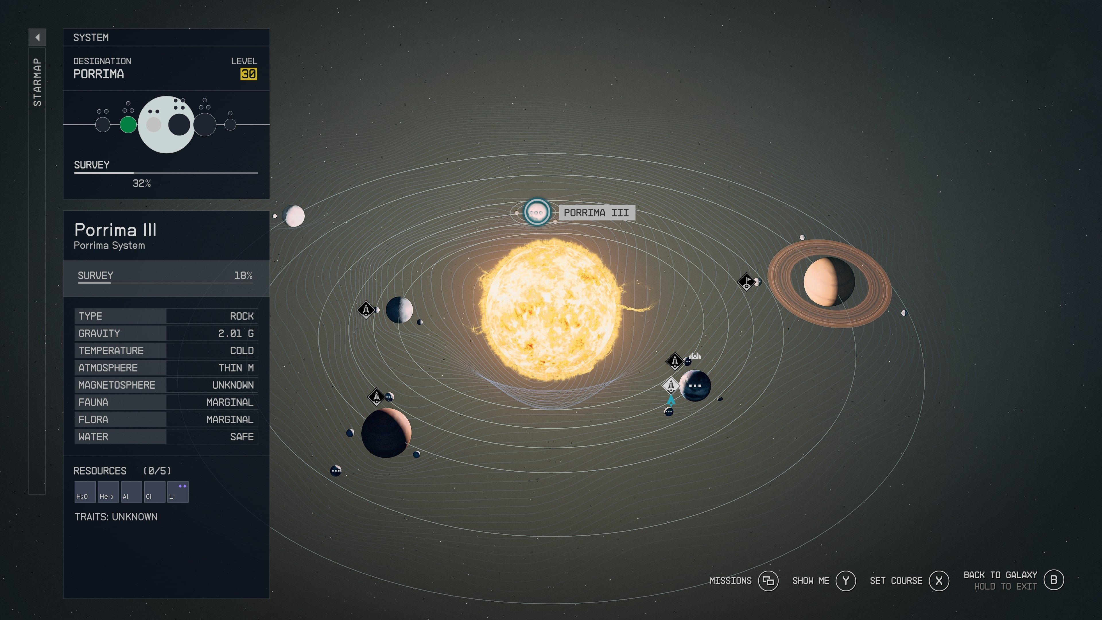 An in-game shot of the Porrima star system on the star map in the sci-fi game Starfield. 