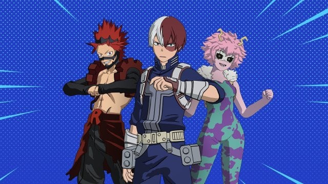 Shoto Todoroki, Mina Ashido, and Eijiro Kirishima posing against a blue background in their hero costumes. 