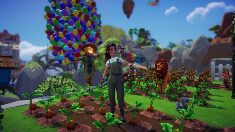 The player with a pirate parrot companion and Simba in a garden.