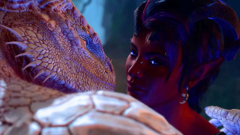 A giant lizard and a horned woman kissing in BG3