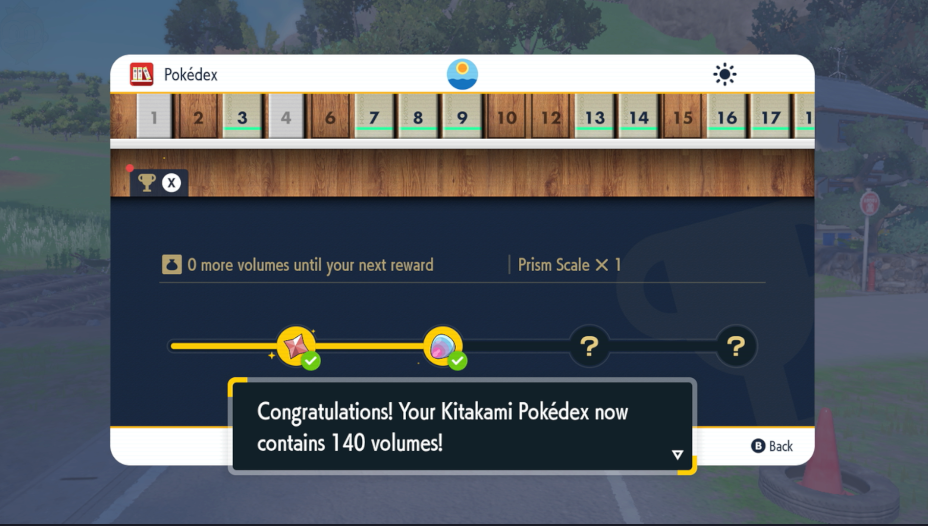 The Pokédex completion reward page in Pokémon Scarlet and Violet The Teal Mask DLC.