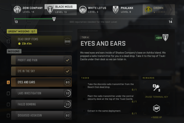 A screenshot of the mission screen Eyes and Ears, with the tasks required displayed, in DMZ.