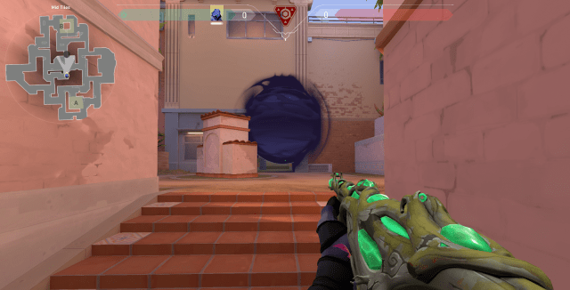 Omen One Way Smoke on Mid Bomb Door of Sunset VALORANT.