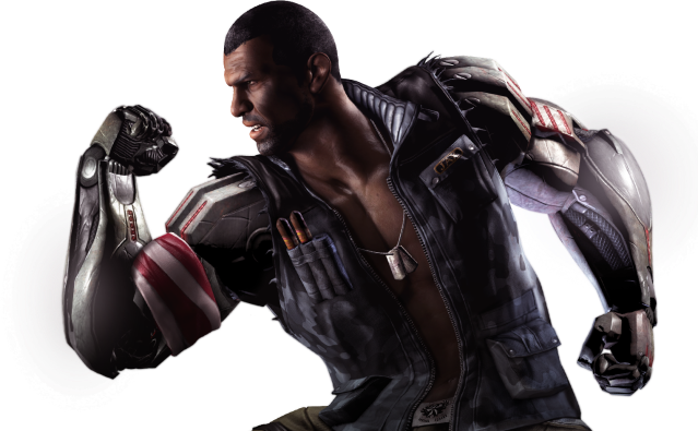 Mortal Kombat XL render featuring Jax turned sideways and flexing one arm.