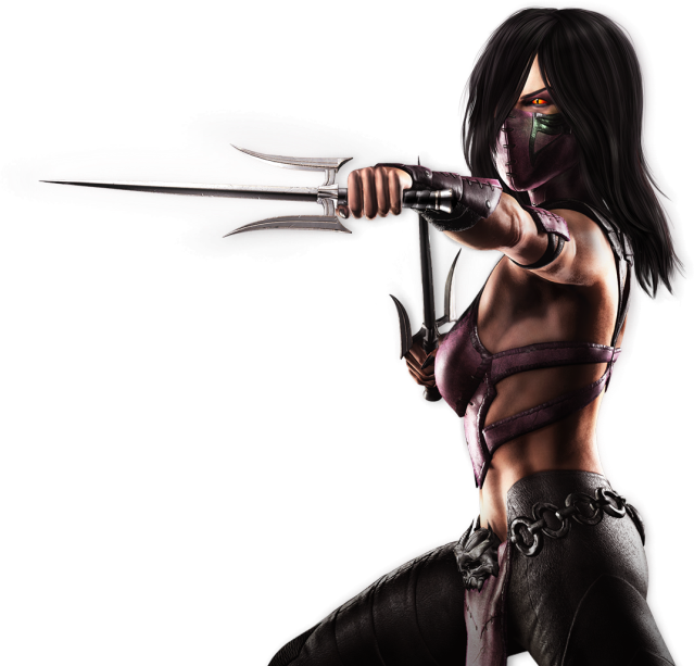 Mileena from Mortal Kombat XL combatively holding her tridents.