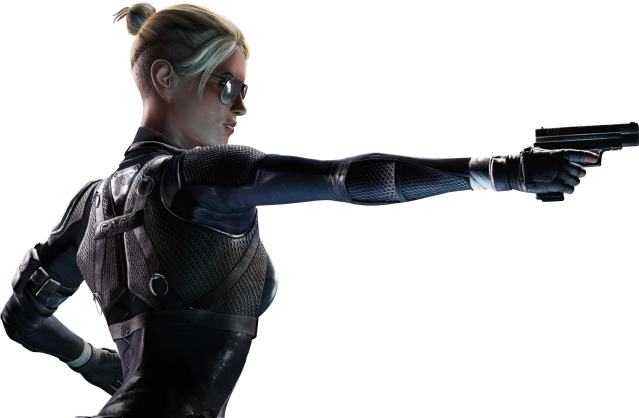 An image of Cassie Cage from Mortal Kombat XL showing her pointing a gun.