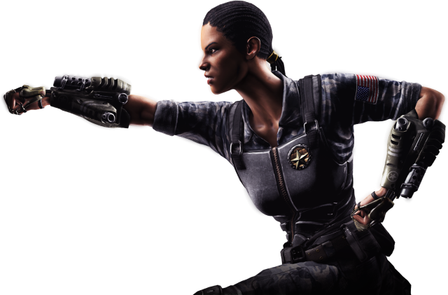 Render from Mortal Kombat XL showing Jacqui Briggs turned sideways and holding a combative stance.