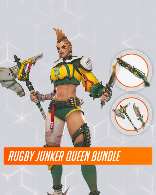 New Rugby Junker Queen Overwatch 2 skin, wearing yellow and green attire.
