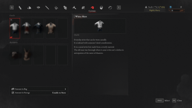 Lies of P menu showing costumes.