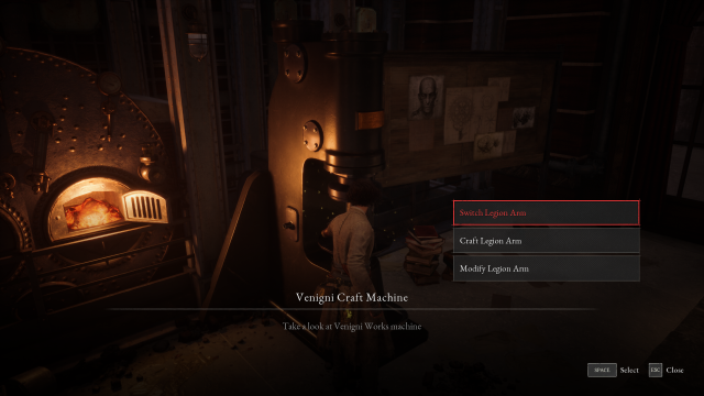 Menu to craft, switch, and modify Legion Arms in Lies of P.