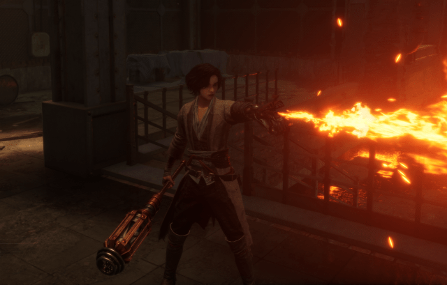 Lies of P protagonist using the Flamberge to spit flames.