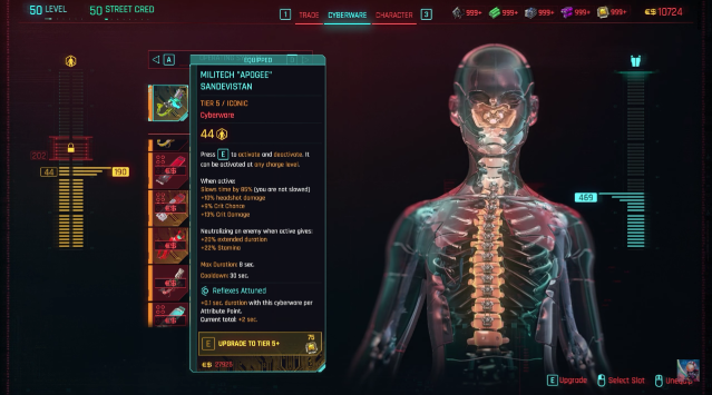 The cyberware menu in Cyberpunk 2077, displaying the Militech "Apogee" Sandevistan.