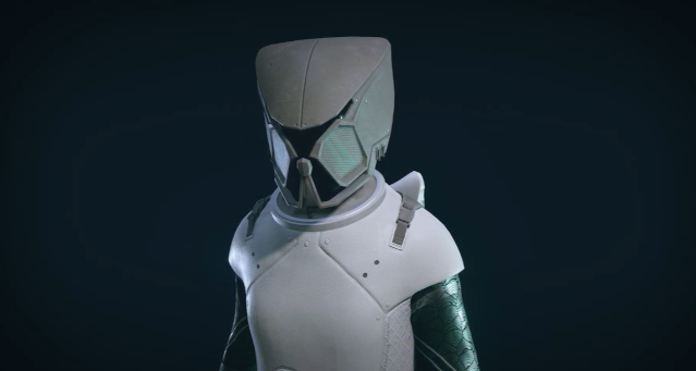 A close up of the Mantis helmet in Starfield. It's a light gray with light greenish marks.