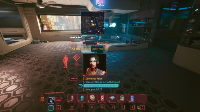 V's apartment in Cyberpunk 2077 featuring edited HUD elements.