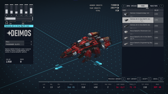 The ship habitat options in Starfield.