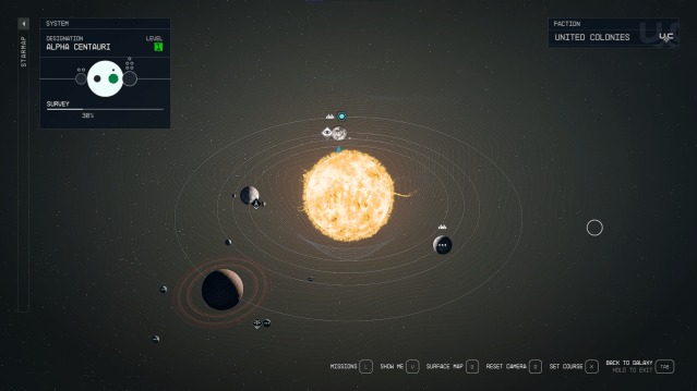 A starmap of Alpha Centauri in Starfield.