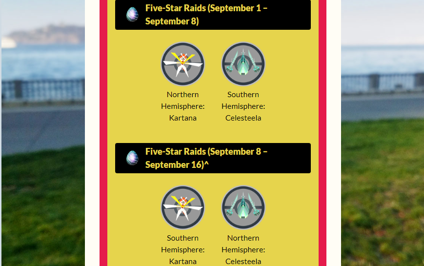 Event page for Celeesteela and Kartana Raids in Pokémon Go.