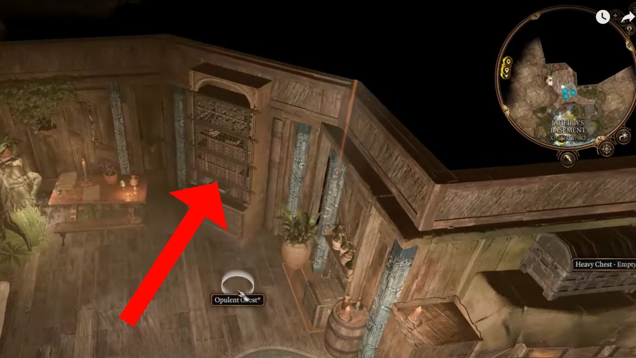 Red arrow pointing to a bookcase that's a hidden door in BG3