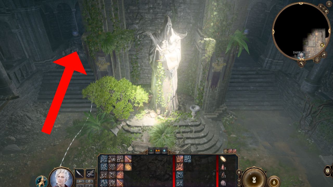 Red arrow pointing to the left of a giant statue in BG3