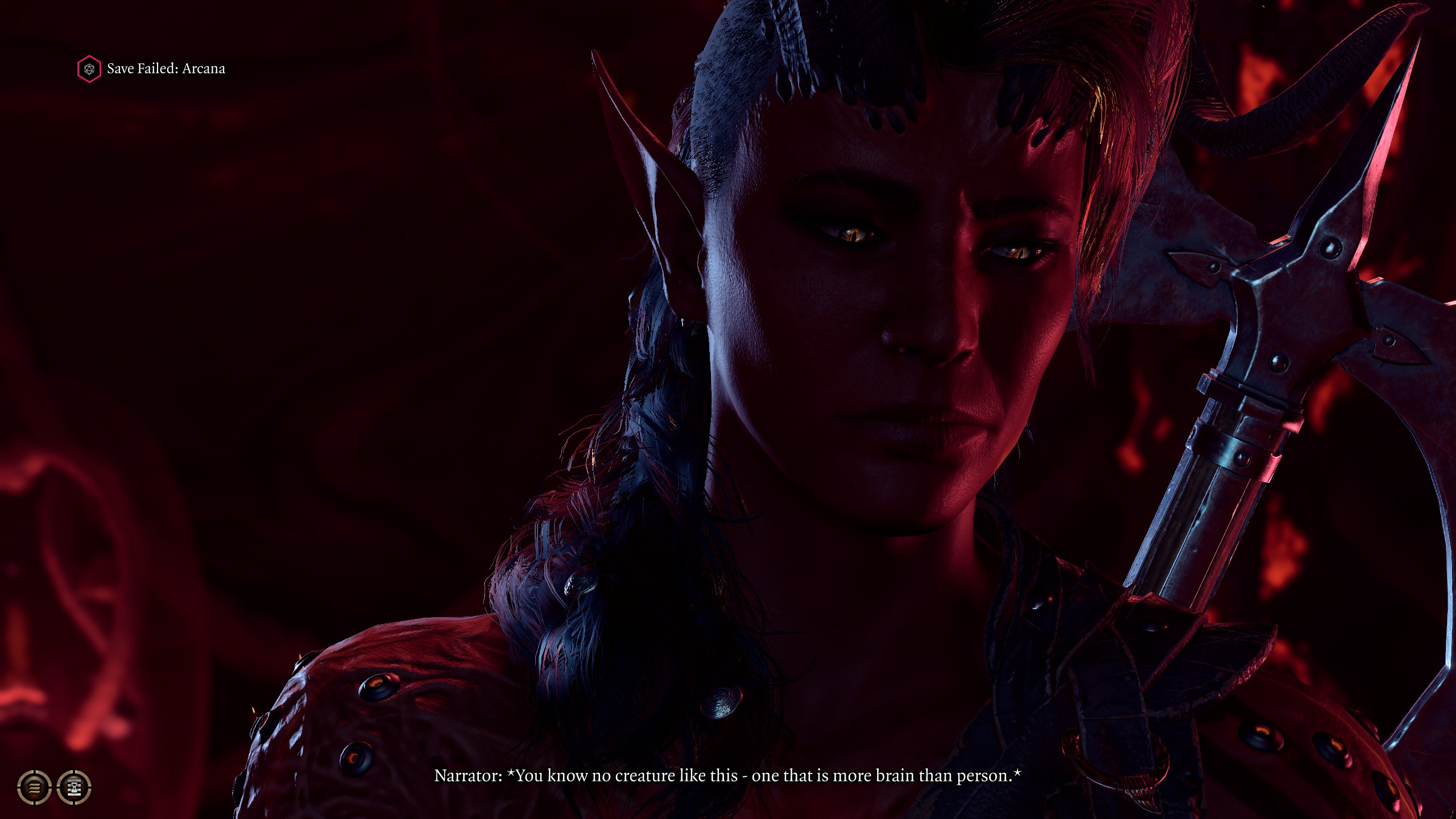 A red, demonic looking Tiefling with a battle axe named Karlach in Baldur's Gate 3.