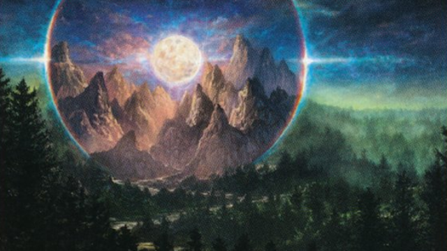 A full moon sits between mountains on a MtG Card. The mountains overlook a lush forest.