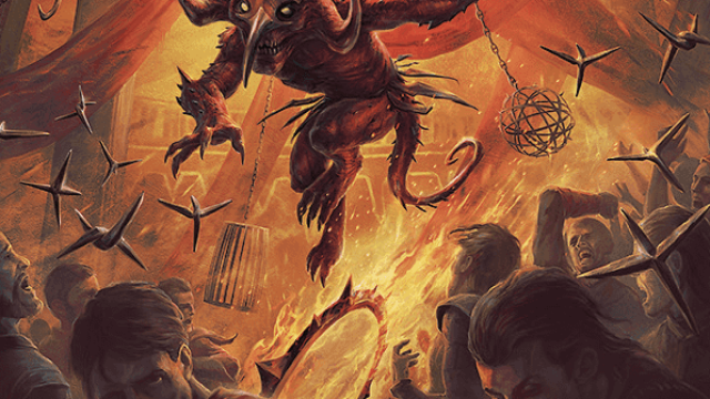 A line of fire cuts through a crowd of people while a demon jumps through the air in MtG.