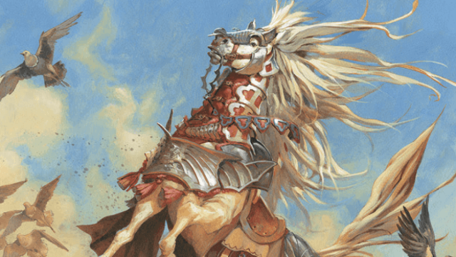 A yellow horse wearing head barding rears up on a desert battlefield in MtG. A bird flies to the top left.