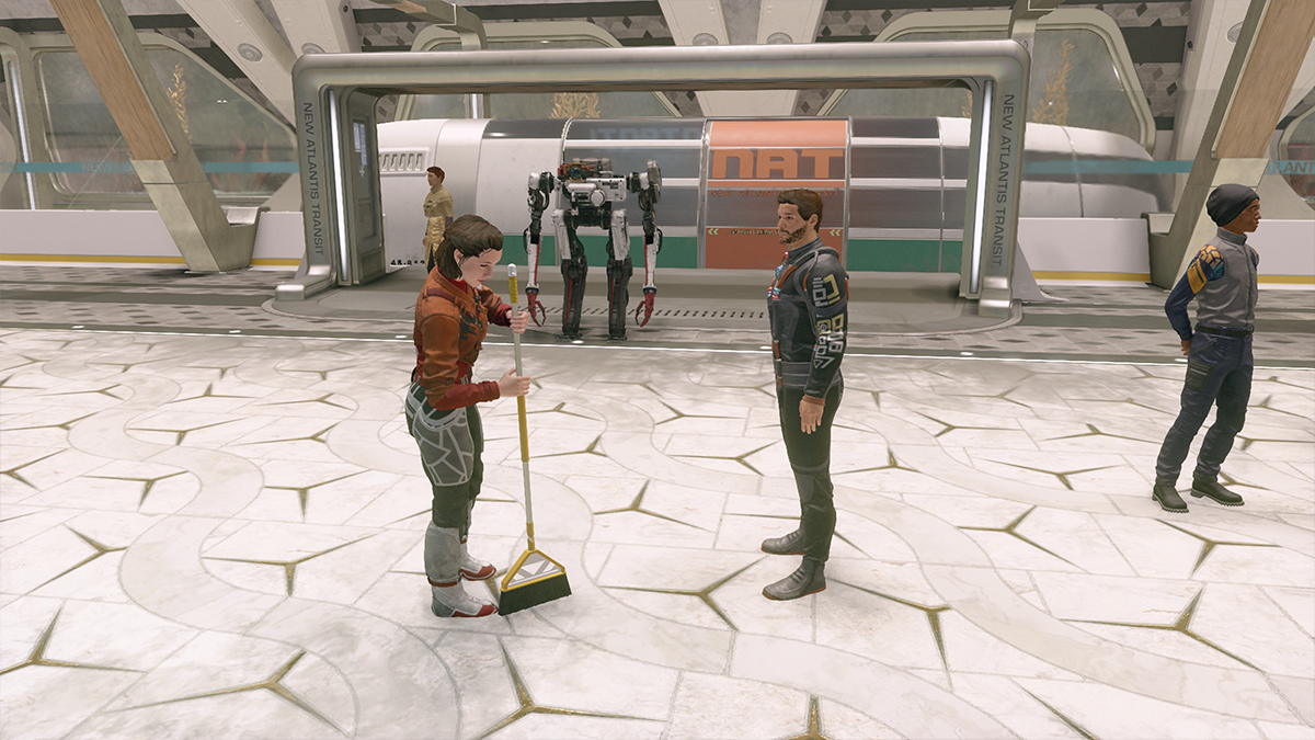 A woman sweeps the floors of a futuristic train station in Starfield. 