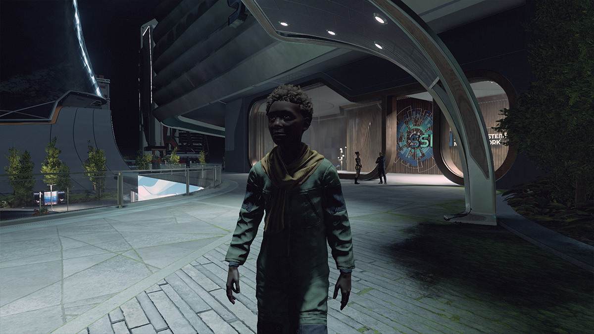 A young boy on the promenade of a futuristic city in Starfield. 