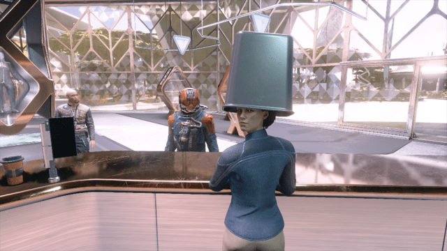 A woman with a garbage can on her head in Starfield.