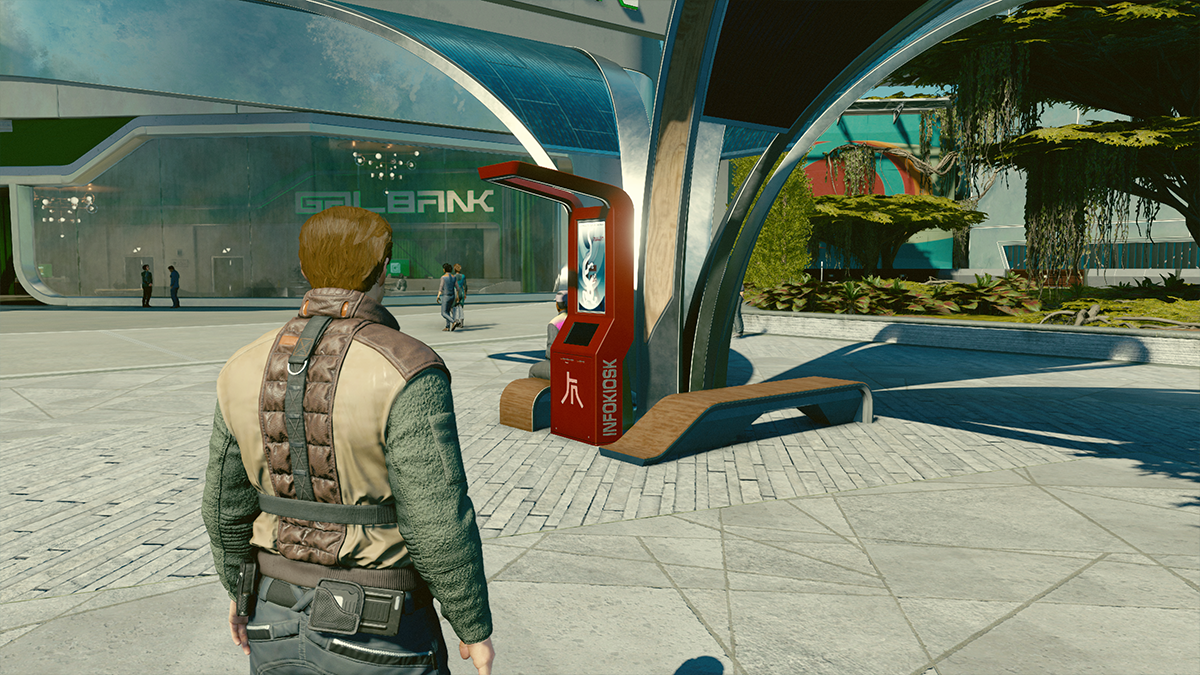 A kiosk in a futuristic city in Starfield. 