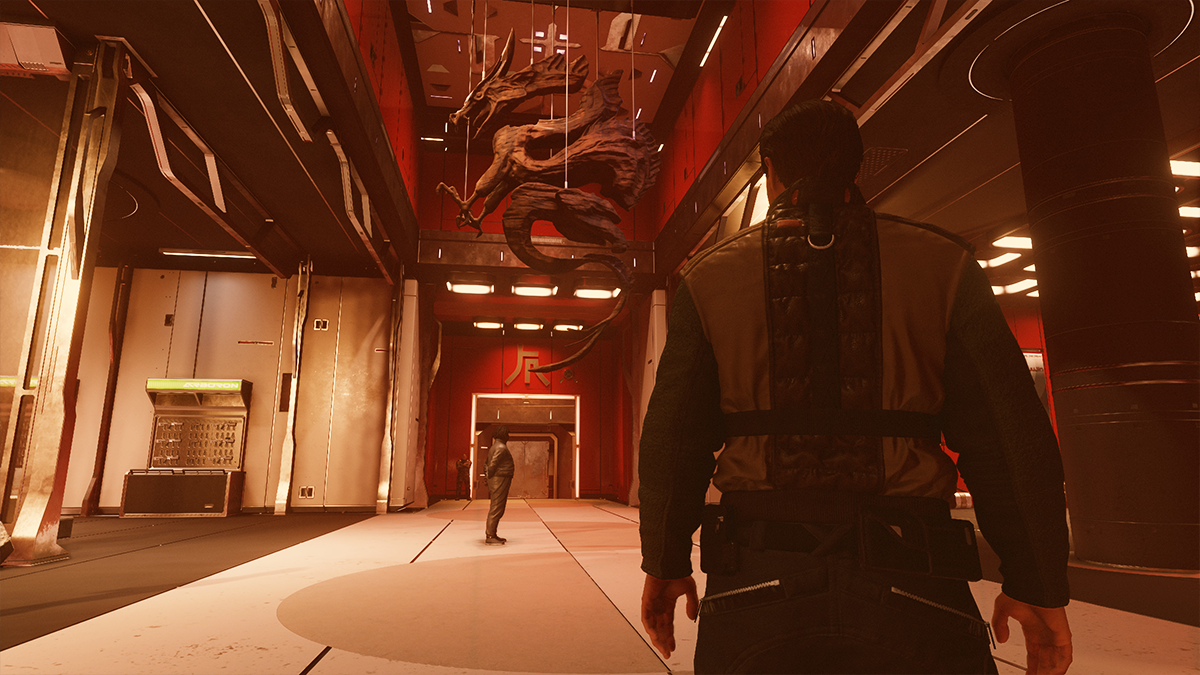 The lobby of a futuristic building in Starfield. 