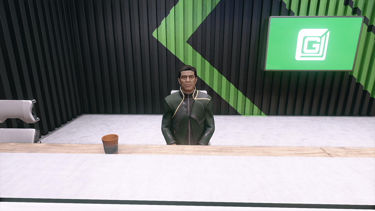 A well dressed man sits behind a desk in Starfield. 