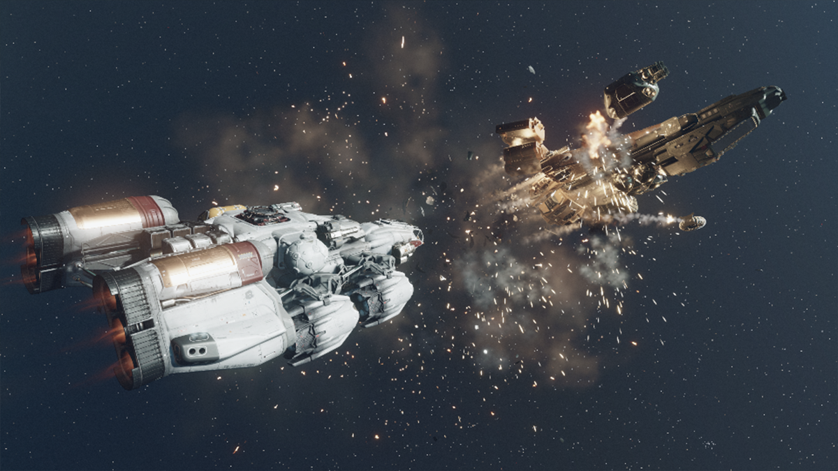 A spaceship blows another to pieces in Starfield. 