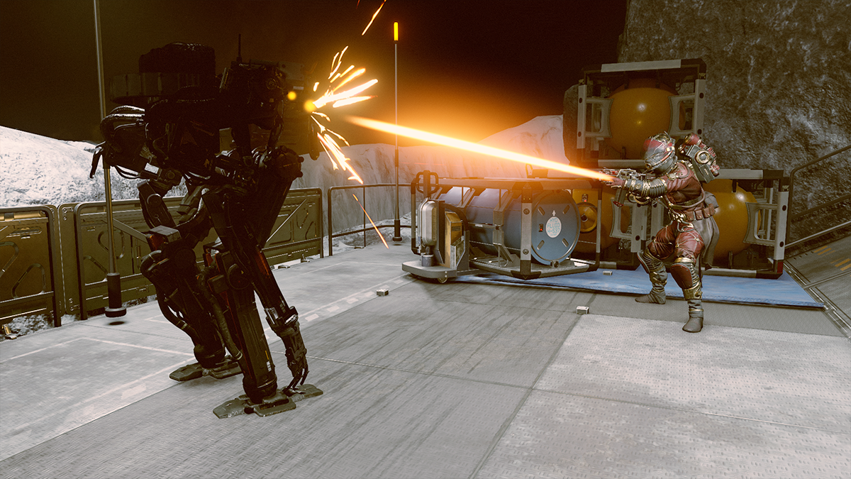 A pirate fires a blast of automatic weapons fire at a robot in Starfield. 