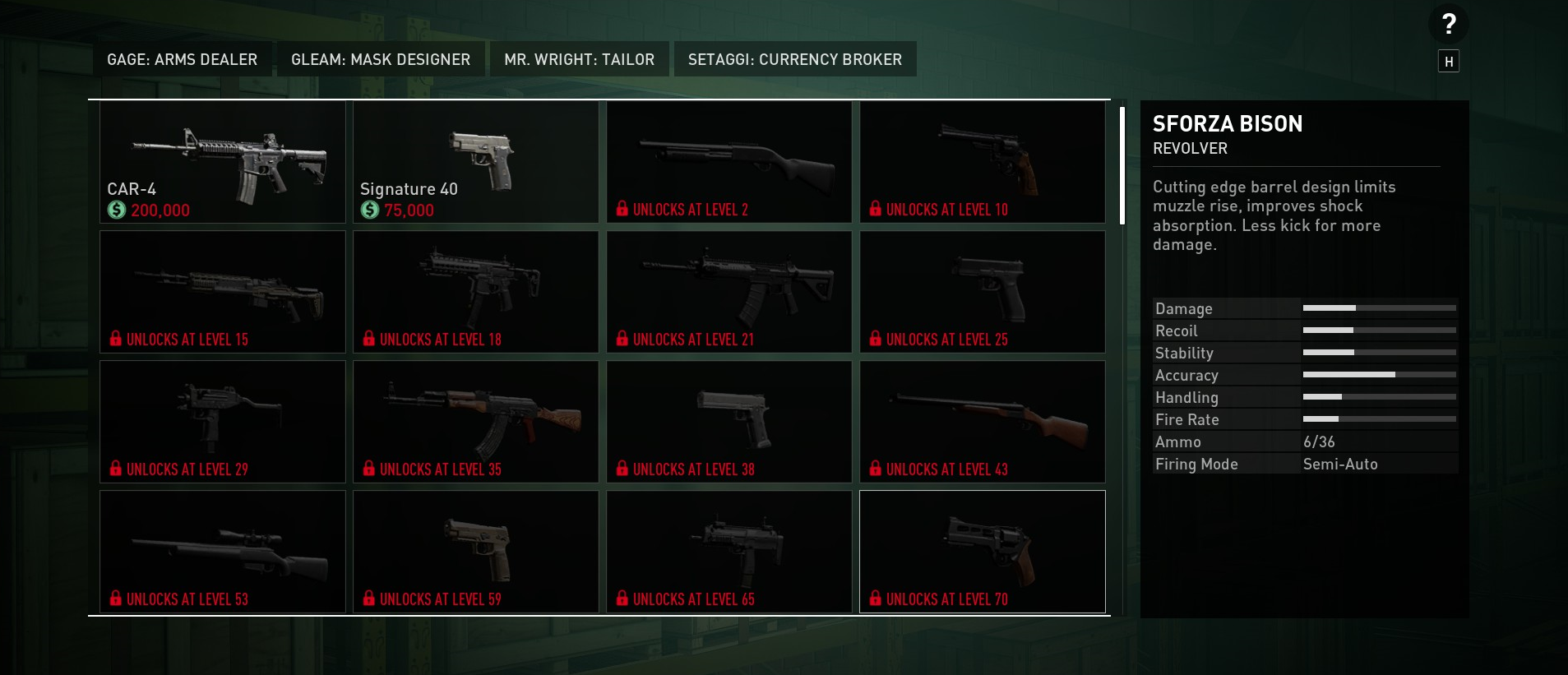 The weapons unlock menu for Payday 3, showing most of the unlockable weapons.