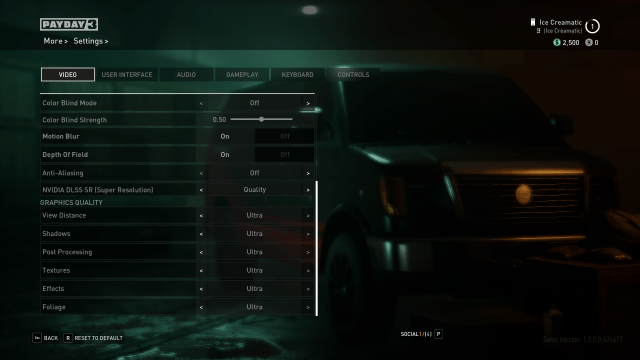 Displays the video display settings menu in Payday 3.