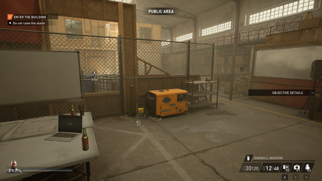 Displays a screenshot from the training in Payday 3 with low graphics settings.