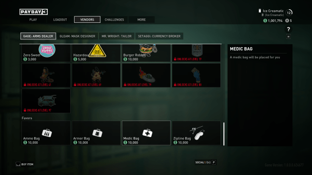 Displays the Favors section of the Arms Dealer shop menu in Payday 3.