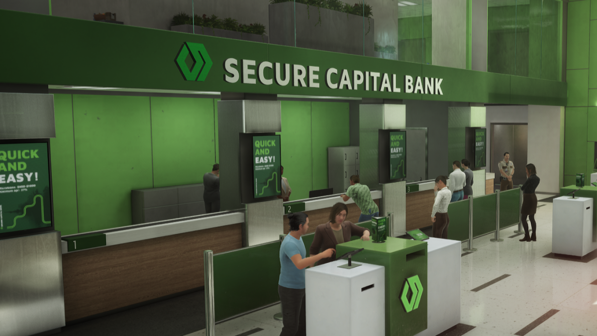 Displays the interior of Secure Capital Bank in No Rest for the Wicked (Payday 3).