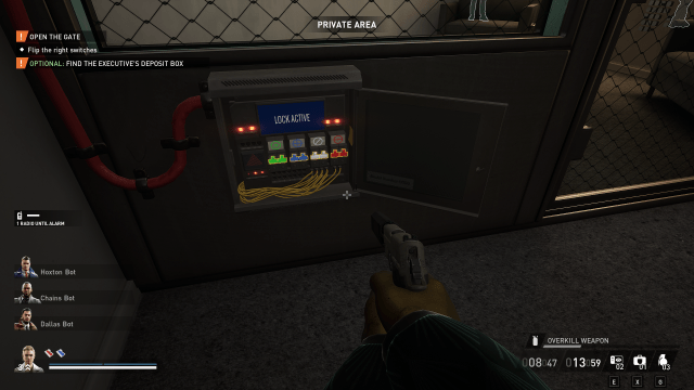 Displays the vault gate color switch lock in No Rest for the Wicked (Payday 3).