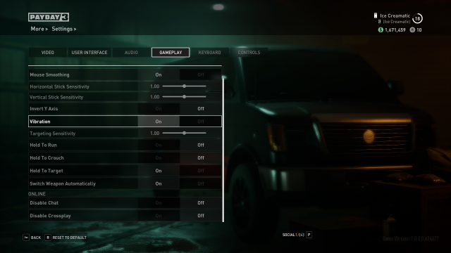 Displays the Gameplay Menu in Payday 3.