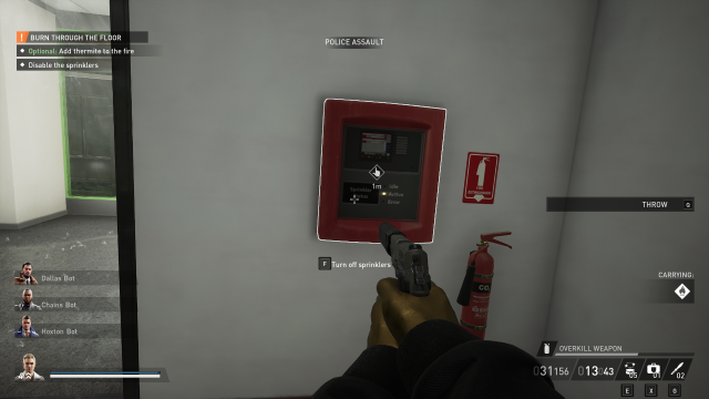 Displays the sprinkler control system in No Rest for the Wicked (Payday 3).