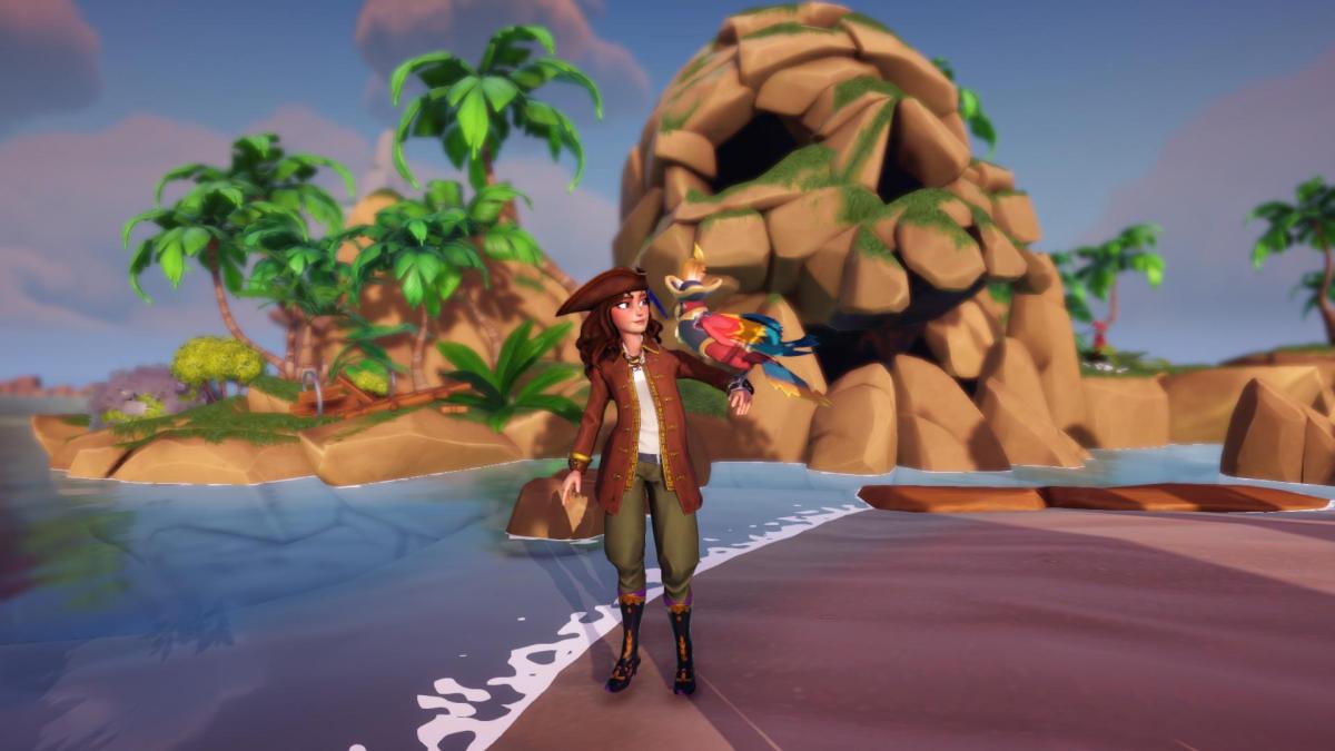 The player holding their pirate parrot in front of Skull Rock.