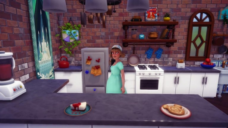 The player standing in a kitchen.