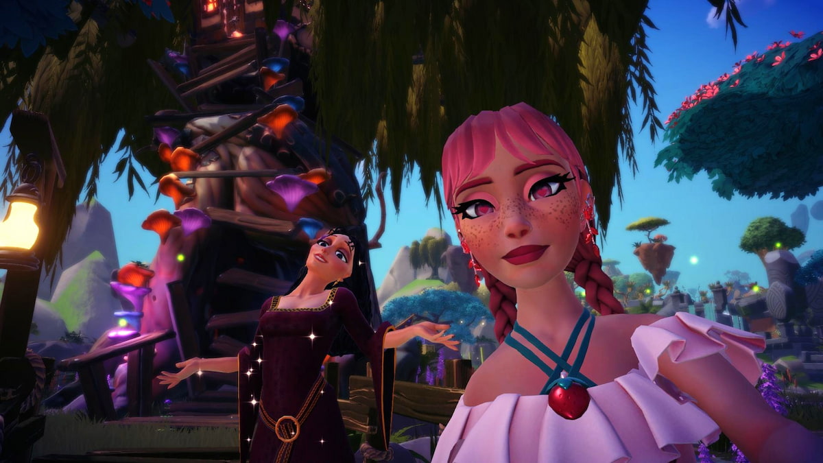 A player with long pink braids and a strawberry necklace taking a picture with Mother Gothel in front of a tall shadowy willow tree in disney dreamlight valley