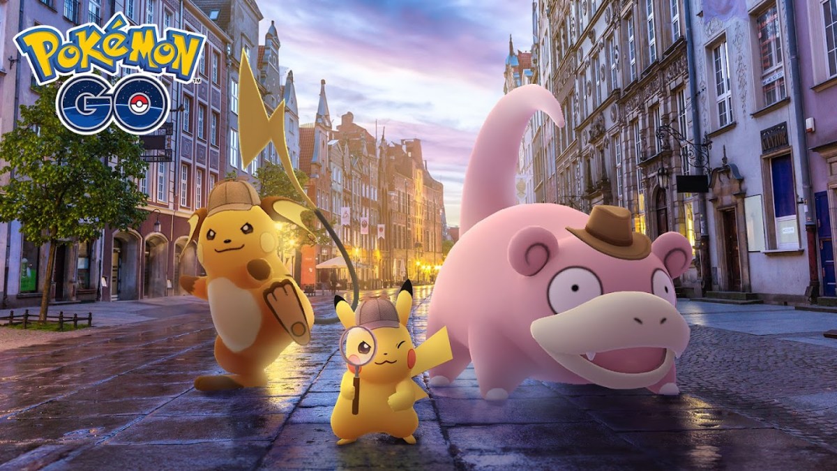 Shiny Detective Pikachu, Detective Raichu, and Slowpoke in a hat in Pokemon GO.