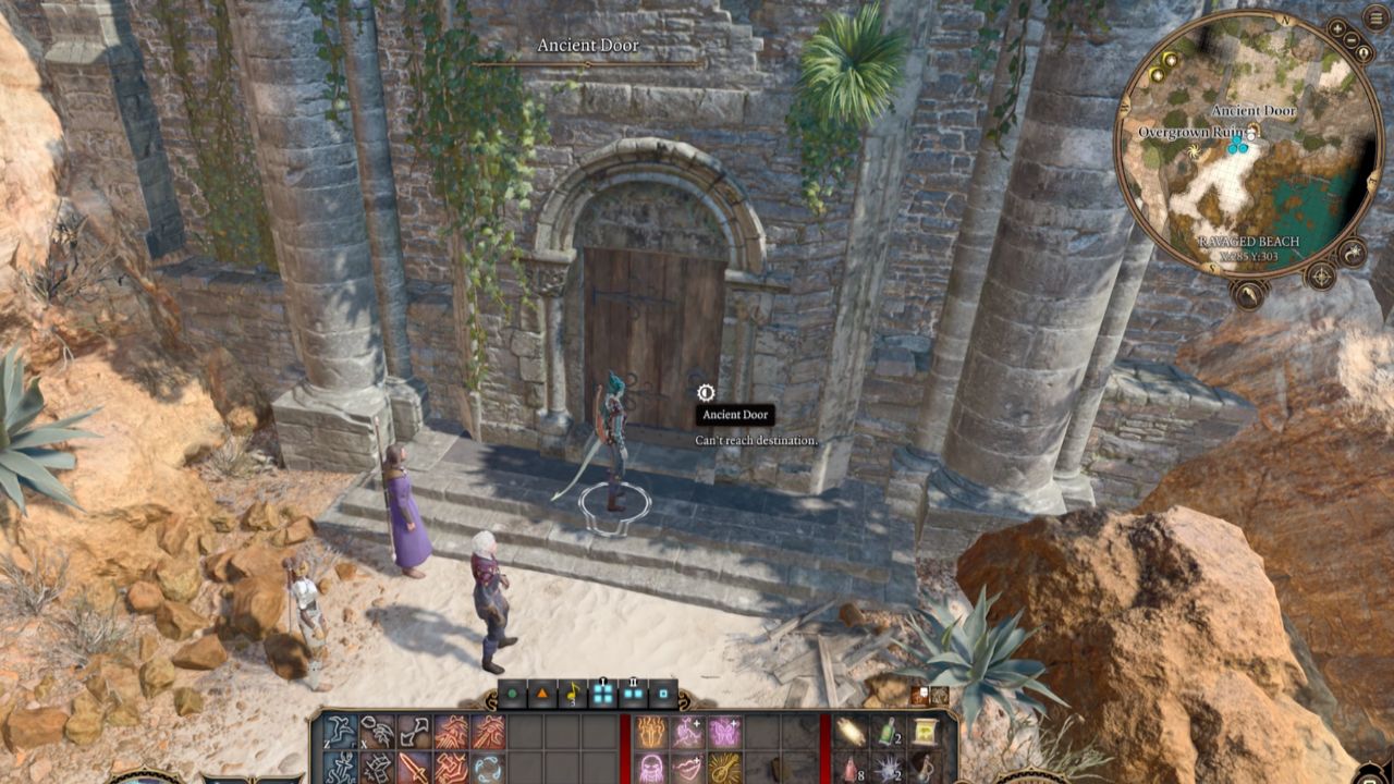 Four people standing in front of an ancient door on the beach in bg3